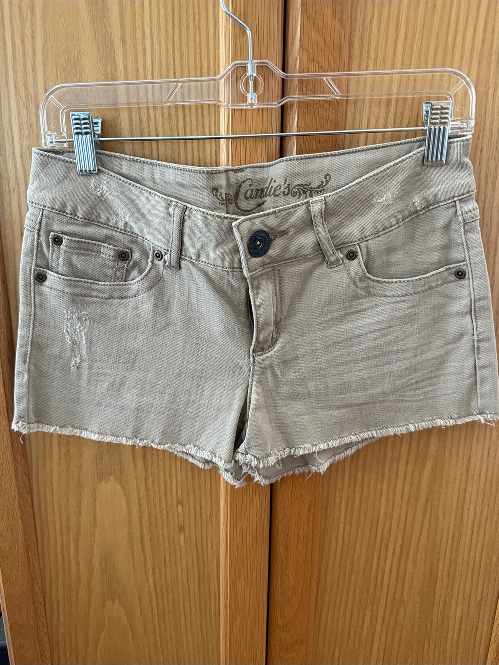 Candies Tan Khaki Distressed Low Rise Frayed Raw Hem Denim Jean Shorts 7
